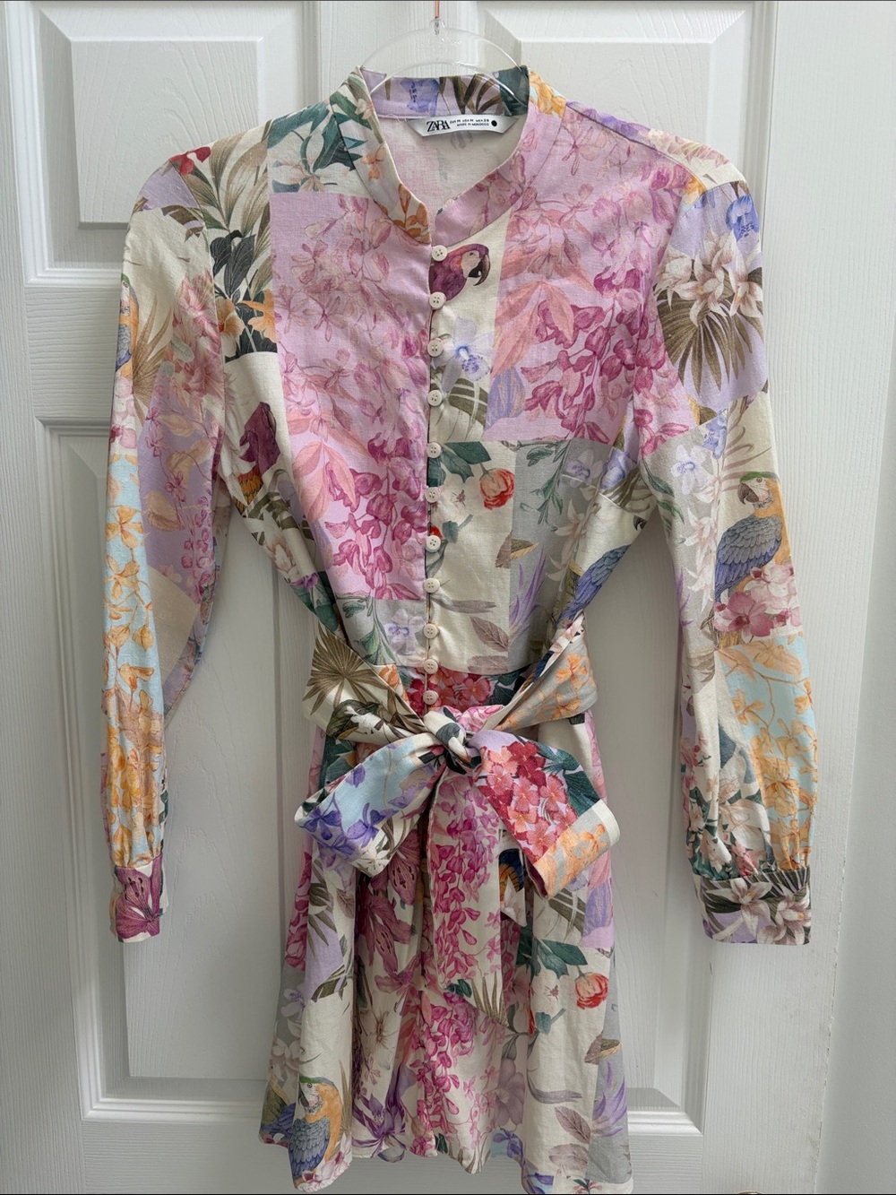 ZARA Viral Blogger favorite Floral linen belted Parrot dress Size M